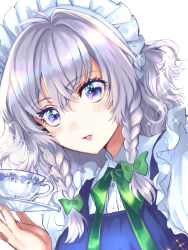 Rule 34 | 1girl, blue dress, blue eyes, blush, bow, braid, breasts, commentary request, cup, dress, green bow, green ribbon, hair between eyes, hair bow, highres, holding, holding cup, izayoi sakuya, looking at viewer, maid, maid headdress, medium breasts, medium hair, neck ribbon, parted lips, portrait, puffy short sleeves, puffy sleeves, ribbon, rosette (roze-ko), short sleeves, silver hair, simple background, smile, solo, sparkle, teacup, touhou, twin braids, white background