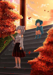 Rule 34 | 2girls, animal ears, arm rest, autumn leaves, blue eyes, blue hair, breasts, detached sleeves, dress, facing away, hair bobbles, hair ornament, hand up, hat, head rest, kawashiro nitori, key, looking up, multiple girls, no headwear, no headwear, omaehadareda-uso, red eyes, sandals, short hair, sitting, sitting on stairs, skirt, small breasts, smile, stairs, standing, sunset, tabi, tail, touhou, tree, twintails, two side up, vest, white hair, wolf ears, wolf tail