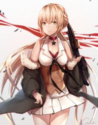 Rule 34 | 1girl, absurdres, artist name, assault rifle, black cola, blonde hair, blush, breasts, bullpup, choker, cleavage, closed mouth, girls&#039; frontline, gun, highres, holding, holding gun, holding weapon, large breasts, looking at viewer, ots-14 (girls&#039; frontline), ots-14 groza, rifle, signature, skirt, solo, star (symbol), weapon, white skirt, yellow eyes