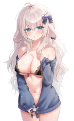 Rule 34 | 1girl, 72 chiri, absurdres, ahoge, animal ears, bare shoulders, black bra, blue eyes, blue jacket, bow, bra, breasts, cleavage, covered erect nipples, cowboy shot, ear tag, floppy ears, front-tie bra, front-tie top, frown, hair bow, halterneck, hand on own chest, hand up, highres, jacket, lace, lace-trimmed bra, lace trim, large breasts, long hair, long sleeves, looking at viewer, navel, off shoulder, open clothes, open jacket, original, parted lips, rabbit ears, simple background, solo, spaghetti strap, stomach, strap gap, string bra, underwear, very long hair, white background, white hair