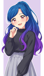 Rule 34 | 1girl, :d, absurdres, aikatsu! (series), black sweater, blue hair, blush, cowboy shot, gradient hair, grey skirt, hand up, head tilt, highres, kazesawa sora, long hair, long sleeves, looking at viewer, mole, mole under mouth, multicolored hair, open mouth, outline, pillarboxed, purple background, purple hair, red eyes, sekina, skirt, smile, solo, standing, sweater, white outline