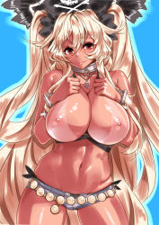 Rule 34 | 1girl, anne bonny (fate), anne bonny (fate/grand order), anne bonny (swimsuit archer) (fate), anne bonny (swimsuit archer) (first ascension) (fate), bikini, bikini tan, black bikini, black hat, blonde hair, blue background, blush, breast suppress, breasts, clenched hands, closed mouth, collar, contrapposto, cowboy shot, cuffs, denim, denim shorts, fate/grand order, fate (series), hair between eyes, hands on own chest, hat, hayama kazusa, highres, huge breasts, jewelry, legs apart, long hair, looking at viewer, navel, necklace, nipples, open fly, pirate hat, red eyes, shiny skin, short shorts, shorts, simple background, skull and crossbones, skull necklace, smile, solo, standing, stomach, swimsuit, tan, tanline, twintails, unbuttoned, very long hair