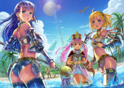 Rule 34 | 1boy, 3girls, :d, :o, arm up, armor, ass, bare shoulders, beach, bikini armor, black legwear, blonde hair, blue eyes, blue hair, blush, braid, cape, cloud, day, docoi, dragon, earrings, fish, gauntlets, hair ornament, hairclip, hand on own hip, hat, holding, jewelry, knife, lens flare, long hair, looking at viewer, looking back, midriff, multiple girls, open mouth, original, outdoors, panties, partially submerged, pink hair, planet, polearm, purple eyes, shiny skin, short hair, single braid, sitting, sky, smile, spear, sunlight, thigh gap, thigh strap, thighhighs, tree, twintails, underwear, wading, water, weapon, witch hat