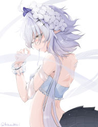Rule 34 | 1girl, absurdres, arknights, bikini, blue flower, crocodilian tail, flower, from behind, hair ornament, hand up, head wreath, highres, kaminarichyan, off-shoulder bikini, off shoulder, official alternate costume, pointy ears, short hair with long locks, simple background, solo, swimsuit, tail, tomimi (arknights), tomimi (silent night) (arknights), twitter username, upper body, white background, white bikini, white flower, white hair, white wrist cuffs, wrist cuffs, yellow eyes