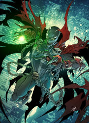 Rule 34 | building, cape, chain, comic, demon, flying, glowing, glowing eyes, green eyes, image comics, jonboy meyers, skull, spawn, spawn (spawn), spikes, superhero costume, teeth, tongue, tongue out, town