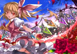 Rule 34 | 1girl, :d, ascot, bad id, bad pixiv id, black thighhighs, blonde hair, blush, fang, female focus, flandre scarlet, flower, hair ribbon, karlwolf, long hair, looking at viewer, no headwear, no headwear, open mouth, petals, red eyes, red flower, red rose, ribbon, rose, side ponytail, skirt, smile, solo, thighhighs, touhou, wind, wings
