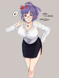 Rule 34 | 1girl, :p, adjusting eyewear, alternate costume, artist name, bespectacled, black skirt, breasts, cleavage, collarbone, commentary request, cropped legs, dated, eighth note, feet out of frame, glasses, grey background, hair ornament, hair scrunchie, half updo, hand on own hip, highres, index finger raised, jewelry, large breasts, leaf hair ornament, leaning forward, long sleeves, looking at viewer, miniskirt, mitama mudimudi, musical note, pencil skirt, pendant, purple hair, red-framed eyewear, red eyes, scrunchie, shirt, short hair, side slit, signature, simple background, skirt, smile, solo, spoken musical note, standing, striped clothes, striped skirt, thighs, tongue, tongue out, touhou, translation request, vertical-striped clothes, vertical-striped skirt, white scrunchie, white shirt, yasaka kanako