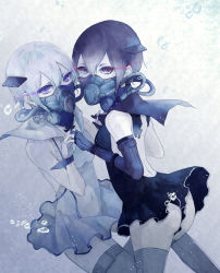 Rule 34 | 2girls, absurdres, abyssal twin princess (black), black hair, breasts, c aracr, covered navel, glowing, glowing eyes, highres, holding hands, huge filesize, kantai collection, looking at viewer, multiple girls, night strait princess (white), purple eyes, red eyes, small breasts, thighhighs, white hair