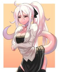 Rule 34 | 1girl, android 21, black ribbon, black sclera, black skirt, black thighhighs, breasts, cleavage, closed mouth, collarbone, colored sclera, colored skin, curly hair, dragon ball, dragon ball fighterz, earrings, hair ribbon, hand up, high ponytail, highres, jewelry, long hair, looking at viewer, majin android 21, medium breasts, pink skin, rang go, red eyes, ribbon, shirt, skirt, smile, solo, tail, thighhighs, two-tone background, very long hair, white hair, white shirt
