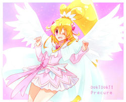 Rule 34 | 1girl, ;d, aida mana, blonde hair, bow, brooch, cape, choker, copyright name, cure heart, cure heart (parthenon mode), curly hair, dokidoki! precure, hagihara riku, hair ornament, half updo, heart, heart brooch, heart hair ornament, jewelry, long hair, magical girl, one eye closed, open mouth, pink background, pink eyes, precure, ribbon, skirt, smile, solo, waist bow, wing brooch, wings, wink