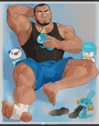 Rule 34 | 1boy, atcesolcyc, bandaged foot, bandages, bara, beard, big nose, black hair, black socks, black tank top, blue eyes, blue shorts, bulge, buzz cut, chinese commentary, commentary request, commission, creatures (company), dark-skinned male, dark skin, facial hair, feet, full body, game freak, gen 3 pokemon, gen 5 pokemon, gen 8 pokemon, highres, large pectorals, male focus, matt (pokemon), mature male, mudkip, muscular, muscular male, nintendo, oshawott, pectoral cleavage, pectorals, pokemon, pokemon (creature), pokemon oras, quaxly, second-party source, short hair, shorts, sidepec, sitting, smell, smelling, smelling clothes, sobble, socks, soles, solo focus, steaming body, sweat, tank top, thick thighs, thighs, toes, unworn socks, very short hair