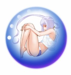 Rule 34 | 1girl, barefoot, bubble, crop top, fetal position, full body, gradient background, hands on legs, highres, legs folded, legs together, long hair, loose clothes, loose shirt, official art, otomedius, panties, plantar flexion, poini coon, ponytail, profile, purple hair, shirt, sleeveless, solo, underwear, yoshizaki mine
