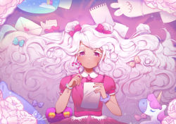 Rule 34 | 1girl, blinchii, candy, candy cane, cookie run, cotton candy cookie, curly hair, dark skin, double bun, food, hair bun, heart, highres, letter, long hair, looking down, love letter, pink hair, purple eyes, stuffed toy, unicorn, very long hair, writing