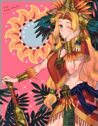 Rule 34 | 1girl, blonde hair, blush, bracelet, chin piercing, fate/grand order, fate (series), gold trim, green eyes, green nails, hair ornament, hair scrunchie, hand on own cheek, hand on own face, headband, headdress, holding, holding weapon, jewelry, long hair, looking at viewer, macuahuitl, nail polish, one eye closed, poncho, quetzalcoatl (fate), red skirt, sara (kurome1127), scrunchie, skirt, weapon