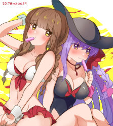 Rule 34 | artist name, bb (fate), bb (fate/extra), bikini, black one-piece swimsuit, blush, bow, braid, breasts, brown eyes, brown hair, collarbone, commentary request, eating, fate/extra, fate/extra ccc, fate (series), food, hat, holding, holding food, kishinami hakuno (female), large breasts, long hair, looking at viewer, looking away, medium breasts, navel, one-piece swimsuit, osakana (rrg0123), pink bow, pink wristband, popsicle, purple eyes, purple hair, red ribbon, ribbon, sun hat, swimsuit, tears, twin braids, twitter username, white bikini, wristband