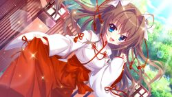Rule 34 | 1girl, :d, ahoge, architecture, blue eyes, blue sky, bow, breasts, brown hair, cloud, day, detached sleeves, dot nose, dutch angle, east asian architecture, film grain, game cg, hair bow, hair intakes, hakama, hakama skirt, hand up, izumi tsubasu, japanese clothes, kosode, lens flare, long hair, looking at viewer, medium breasts, non-circular lens flare, non-web source, nontraditional miko, official art, open mouth, outdoors, re:stage!, red skirt, shikimiya aone, skirt, skirt hold, sky, smile, solo, sparkle, sunlight, tree, two side up, white bow