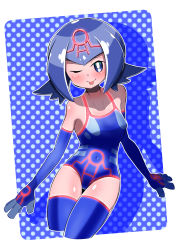 Rule 34 | 1girl, ball, bare shoulders, beachball, blue background, blue eyes, blue hair, blush, bright pupils, cosplay, covered navel, creatures (company), dotted background, elbow gloves, fumirumochigashin, game freak, gen 3 pokemon, gloves, highres, kyogre, kyogre (cosplay), lana (pokemon), legendary pokemon, looking at viewer, nintendo, one-piece swimsuit, one eye closed, pokemon, pokemon (creature), pokemon sm, short hair, smile, solo, swimsuit, thighhighs, tiara, tongue, tongue out, white pupils