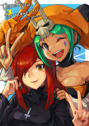 Rule 34 | 2girls, adjusting hair, blue background, border, breasts, cerebella (skullgirls), cleavage, collarbone, cross, cross necklace, detached collar, green hair, green nails, hair over one eye, hands on another&#039;s shoulders, highres, jewelry, large breasts, long hair, multiple girls, nail polish, necklace, one eye closed, open mouth, parasoul (skullgirls), red hair, red lips, red nails, skullgirls, smile, upper body, v, vice-versa (skullgirls), white border, yellow eyes, yora
