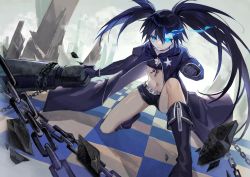 Rule 34 | 1girl, belt, bikini, bikini top only, black coat, black footwear, black gloves, black hair, black rock shooter, black rock shooter (character), black shorts, blue eyes, boots, breasts, chain, closed mouth, coat, flaming eye, front-tie bikini top, front-tie top, full body, gloves, glowing, glowing eye, grey belt, hair between eyes, highres, holding, holding weapon, huge weapon, knee boots, long hair, long sleeves, midriff, navel, on one knee, scar, shadow, short shorts, shorts, sidelocks, small breasts, solo, swimsuit, twintails, uneven twintails, very long hair, weapon, yunweishukuang, zipper
