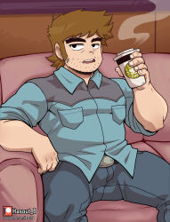 Rule 34 | 1boy, absurdres, arts of hasarath, bara, beard stubble, belt, brown hair, couch, cup, denim, facial hair, feet out of frame, forked eyebrows, highres, jeans, jitome, long sideburns, looking at viewer, male focus, mug, on couch, paid reward available, pants, pectorals, scott pilgrim (series), scott pilgrim takes off, short hair, sideburns, solo, sparse stubble, spread legs, stephen stills, stubble, thick eyebrows, toned, toned male
