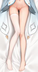 Rule 34 | 1girl, absurdres, barefoot, bed sheet, cleft of venus, genshin impact, gluteal fold, head out of frame, highres, legs, lumine (genshin impact), lying, navel, on back, pussy, q uouou, single thighhigh, solo, thighhighs, uncensored, white thighhighs