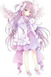 Rule 34 | 1girl, absurdres, angel, angel wings, bad id, bad pixiv id, blush, bow, brown wings, closed mouth, commentary, dress, feathered wings, full body, hair bow, halo, hand up, head tilt, highres, jacket, long hair, long sleeves, looking at viewer, one side up, open clothes, open jacket, original, purple dress, purple eyes, purple footwear, purple hair, shoes, simple background, sleeves past fingers, sleeves past wrists, solo, standing, star (symbol), symbol-only commentary, tsukiyo (skymint), very long hair, white background, white bow, white jacket, wings