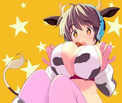 Rule 34 | 1girl, animal ears, animal print, belt, bikini, blush, breasts, brown eyes, brown hair, chest belt, cleavage, cow ears, cow horns, cow print, cow print bikini, cow print sleeves, detached sleeves, fake animal ears, fake horns, fake tail, gloves, hands on own breasts, headphones, horns, idolmaster, idolmaster cinderella girls, idolmaster cinderella girls starlight stage, knees up, large breasts, looking at viewer, oikawa shizuku, open mouth, pantyhose, pink gloves, print bikini, purple pantyhose, red belt, short hair, solo, star (symbol), star in eye, starry background, swimsuit, symbol in eye, tail, teeth, upper teeth only, yellow background, yuuki (irodo rhythm)