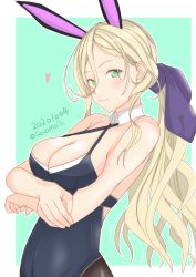 Rule 34 | 1girl, absurdres, animal ears, bare shoulders, blonde hair, blue eyes, blush, breasts, cleavage, criss-cross halter, crossed arms, fake animal ears, hair between eyes, hair ribbon, halterneck, heart, highres, kantai collection, large breasts, leotard, long hair, looking at viewer, mole, mole under eye, mole under mouth, nitamako (sakamalh), one-hour drawing challenge, pantyhose, rabbit ears, ribbon, richelieu (kancolle), sidelocks, smile, solo