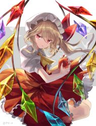 Rule 34 | 1girl, apple, bat (animal), blonde hair, bow, crystal, flandre scarlet, food, frilled skirt, frills, fruit, full body, glaring, hat, highres, looking to the side, medium hair, mob cap, one side up, puffy short sleeves, puffy sleeves, rakulog, red bow, red eyes, red ribbon, red skirt, red vest, ribbon, shirt, short sleeves, side ponytail, skirt, solo, touhou, vest, white shirt, wings, yellow neckwear