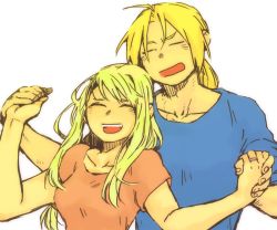 Rule 34 | 1boy, 1girl, blonde hair, blue shirt, closed eyes, couple, edward elric, fingernails, fullmetal alchemist, happy, hetero, holding hands, igi (tarqu0ise), jewelry, long hair, open mouth, pink shirt, ring, shirt, short sleeves, simple background, sleeves rolled up, smile, teeth, upper teeth only, wedding ring, white background, winry rockbell