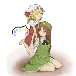 Rule 34 | 2girls, :d, ^ ^, barefoot, beret, blonde hair, blue eyes, braid, china dress, chinese clothes, closed eyes, dress, embodiment of scarlet devil, female focus, flandre scarlet, full body, green dress, hat, hong meiling, iwamochi, mob cap, multiple girls, open mouth, puffy short sleeves, puffy sleeves, red hair, short sleeves, simple background, sitting, smile, touhou, twin braids, wariza, white background, wings