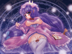 Rule 34 | 1girl, arm up, bloomers, bloomers pull, blush, book, bow, breasts, breasts out, colorized, crescent, dress, female focus, frills, fudukyun, fuzuki kazuya, greek text, groin, hair bow, hair ornament, hair ribbon, hat, lights, long hair, lying, magic circle, nipples, no bra, no panties, on back, open clothes, open dress, open mouth, osatsu, patchouli knowledge, pink dress, purple eyes, purple hair, pussy, ribbon, solo, touhou, uncensored, underwear, very long hair