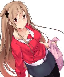 Rule 34 | 1girl, absurdres, bag, belt, belt buckle, black legwear, blue skirt, blush, breasts, brown eyes, buckle, closed mouth, collarbone, hair tie, heterochromia, highres, holding, holding bag, kantai collection, kiritto, large breasts, light brown hair, long hair, looking at viewer, murasame (kancolle), pink bag, red eyes, red sweater, sailor collar, simple background, skirt, smile, solo, sweater, two side up, very long hair, white background, white belt