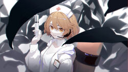 Rule 34 | 1girl, absurdres, blurry, blurry background, bob cut, braid, closed mouth, coat, cross, detached collar, dress, from above, from side, gloves, hair between eyes, hand up, hat, headphones, headset, highres, holding, holding syringe, hood, hood down, id card, iris yi, leaf, looking at viewer, lying, microphone, nurse, nurse cap, nurse robot type t, on back, open clothes, open coat, orange eyes, orange hair, plant, red cross, short hair, side braid, smile, solo, swept bangs, syringe, tank (container), upper body, utau, white coat, white dress, white gloves