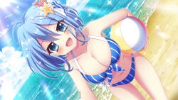 1girl :d ball beach beachball bikini bird blue_bikini blue_eyes blue_hair blue_sky blush breasts cleavage cloud collarbone coral_hair_ornament day dot_nose dutch_angle eyes_visible_through_hair film_grain game_cg holding holding_ball holding_beachball horizon izumi_tsubasu large_breasts leaning_forward looking_at_viewer nakano_rinka navel non-web_source ocean official_art open_mouth outdoors pearl_hair_ornament re:stage! seagull sky smile solo sparkle starfish_hair_ornament striped_bikini striped_clothes sunlight swimsuit vertical-striped_bikini vertical-striped_clothes