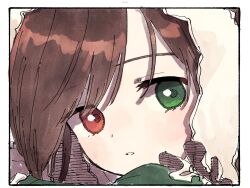 Rule 34 | 1girl, border, brown hair, commentary, dress, expressionless, green dress, green eyes, hatching (texture), head only, head scarf, heterochromia, highres, linear hatching, long hair, looking at viewer, medium bangs, nama udon, parted lips, red eyes, rozen maiden, solo, suiseiseki, white border, white headwear