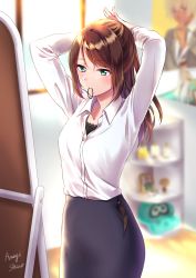 Rule 34 | 1girl, arms up, blush, brown hair, camisole, closed mouth, collared shirt, commentary request, dress shirt, formal, green eyes, hair tie in mouth, highres, indoors, making-of available, mouth hold, office lady, original, pantyhose, pencil skirt, ponytail, shirt, shirt tucked in, sidelocks, skirt, suit, tying hair, user guuw8827, white shirt