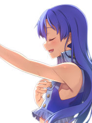 Rule 34 | 1girl, armpits, bare shoulders, blue hair, closed eyes, hand on own chest, highres, idolmaster, idolmaster (classic), kisaragi chihaya, long hair, midriff, open mouth, outstretched arm, profile, racer (magnet), sleeveless, solo, sweat, upper body, white background
