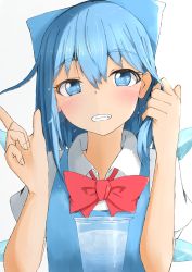 Rule 34 | 1girl, alternate hair length, alternate hairstyle, arms up, blue dress, blue eyes, blue hair, bow, bowtie, bright pupils, cirno, clenched teeth, cup, dress, fang, fingernails, grin, hair between eyes, hair bow, hand in own hair, head tilt, ice, index finger raised, looking at viewer, medium hair, mizune (winter), pinafore dress, puffy short sleeves, puffy sleeves, red bow, red bowtie, shirt, short sleeves, simple background, sleeveless dress, smile, solo, teeth, thick eyebrows, touhou, upper body, white background, white pupils, white shirt, wings