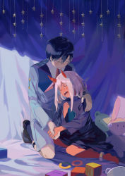 Rule 34 | 10s, 1boy, 1girl, black hair, book, boots, colored skin, comforting, crying, darling in the franxx, closed eyes, hand on another&#039;s shoulder, head on chest, highres, hiro (darling in the franxx), holding, holding book, holding own arm, horns, kneeling, long hair, open mouth, red skin, silver hair, socks, spoilers, stuffed animal, stuffed rabbit, stuffed toy, tamomoko, tears, teddy bear, toy, uniform, zero two (darling in the franxx)