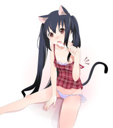 Rule 34 | 00s, 1girl, animal ears, cat ears, cat girl, cat tail, female focus, food, gradient background, highres, k-on!, kazuha nanako, nakano azusa, nanako (artist), panties, popsicle, side-tie panties, solo, strap slip, striped clothes, striped panties, tail, underwear, white background