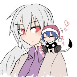 Rule 34 | 2girls, ^ ^, blue hair, breasts, closed eyes, doremy sweet, closed eyes, female focus, flat color, hat, heart, kishin sagume, kuroba rapid, multiple girls, nightcap, pom pom (clothes), red eyes, short hair, silver hair, simple background, smile, tail, tapir tail, touhou, upper body, white background, wings