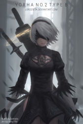 Rule 34 | 1girl, 2b (nier:automata), absurdres, arms at sides, artist name, black blindfold, black dress, black gloves, black hairband, blindfold, breasts, cleavage, cleavage cutout, closed mouth, clothing cutout, covered eyes, deviantart username, dress, facing viewer, feather-trimmed sleeves, gloves, grey hair, hairband, highres, juliet sleeves, lips, long sleeves, medium breasts, nier:automata, nier (series), puffy sleeves, short hair, solo, sword, turtleneck, turtleneck dress, vambraces, watermark, weapon, web address, zienu