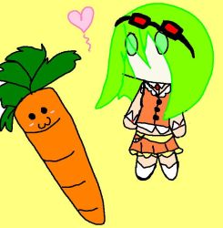Rule 34 | 1girl, bad anatomy, carrot, goggles, green eyes, green hair, gumi, heart, matching hair/eyes, poorly drawn, self-upload, solo, vocaloid
