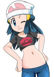 Rule 34 | 1girl, blue eyes, blue hair, blush, breasts, creatures (company), curvy, dawn (pokemon), female focus, game freak, hainchu, looking at viewer, nintendo, one eye closed, pokemon, pokemon (anime), pokemon dppt (anime), shiny skin, small breasts, smile, solo, wink
