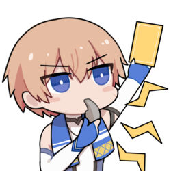 1boy blowing_whistle blue_eyes bright_pupils card chibi chibi_only chinese_commentary commentary_request euyueuy holding holding_card lee:_entropy_(oceanic_blues)_(pgr) lee_(pgr) looking_ahead male_focus official_art orange_hair punishing:_gray_raven short_hair simple_background solo towel towel_around_neck upper_body white_background white_pupils yellow_card