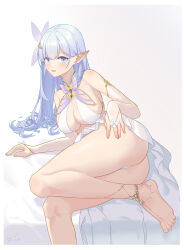 Rule 34 | 1girl, absurdres, albion (azur lane), ass, azur lane, bare shoulders, barefoot, blue eyes, blunt bangs, blush, breasts, bridal gauntlets, cleavage, collar, feet, fingernails, foot jewelry, foot out of frame, hair ornament, halterneck, highres, large breasts, legs, light purple hair, long hair, looking at viewer, lying, on side, open mouth, panties, ping zhong yu, pointy ears, purple hair, revealing clothes, signature, simple background, skirt, smile, solo, toenails, toes, underwear, white background, white panties, white skirt