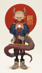 Rule 34 | 1other, 2024, androgynous, blue rope, blush, commentary request, dragon horns, dragon tail, full body, glowing, happy new year, highres, horns, kunitarou-art, magic, new year, orange scarf, orb, original, red scarf, rope, scarf, tail, white background, white footwear, white hair