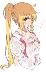 Rule 34 | 1girl, ahoge, blonde hair, blush, bocchi the rock!, collarbone, highres, ijichi nijika, long hair, looking at viewer, mel (melty pot), navel, red eyes, see-through, see-through shirt, shirt, side ponytail, simple background, solo, wet, wet clothes, wet shirt, white background