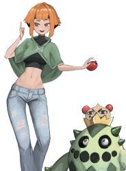 Rule 34 | 1girl, 1other, absurdres, bandeau, black shirt, bracelet, brown eyes, cacnea, cactus, capelet, casual, creatures (company), crop top, denim, game freak, gardenia (pokemon), gen 3 pokemon, green capelet, green eyes, highres, jeans, jewelry, looking at another, looking at viewer, midriff, navel, nintendo, open mouth, orange hair, pants, poke ball, poke ball (basic), pokemon, pokemon dppt, shirt, smile, tefi blum, torn clothes, torn jeans, torn pants, white background